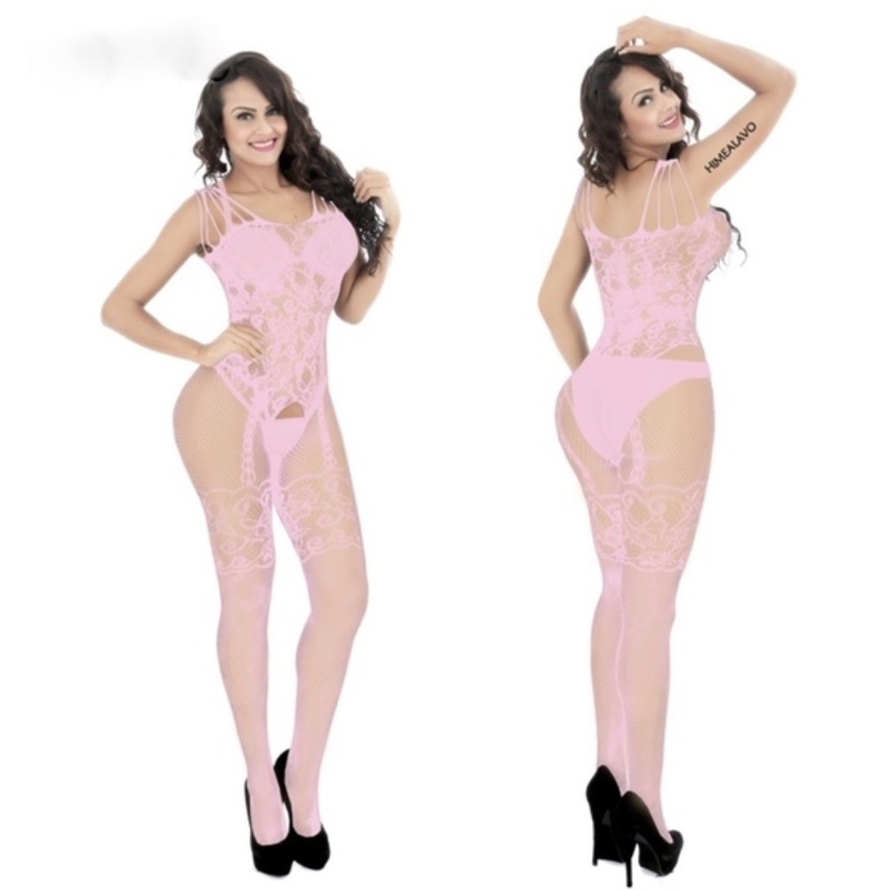 Light Pink Fishnet Body Stocking with open crotch. One size fits most.